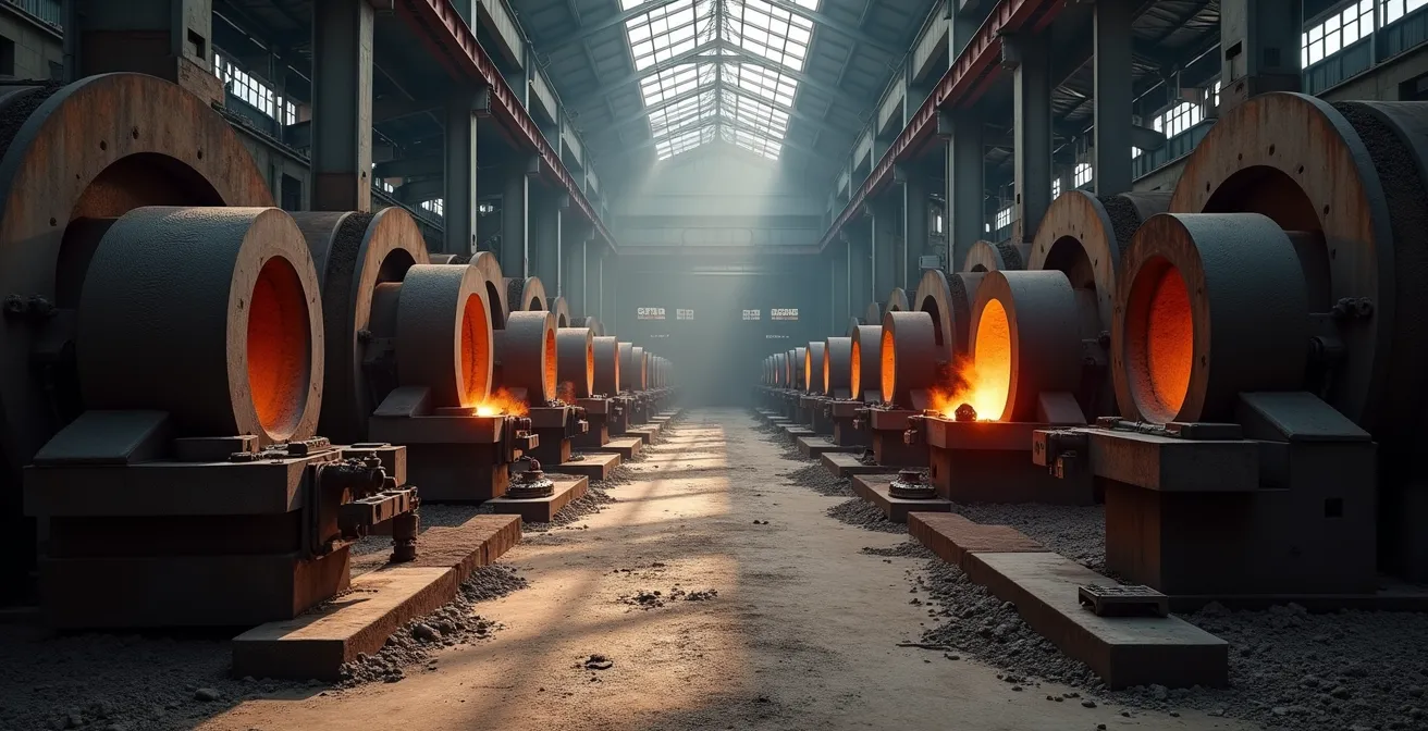 Photo conceptuelle d'un atelier de fonderie et émaillage avec ambiance industrielle et texture métallique
