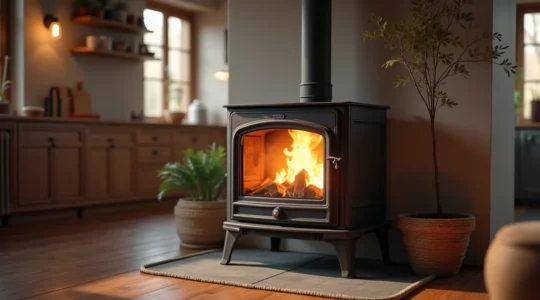 Vue réaliste d'une cuisinière à bois élégante dans une cuisine chaleureuse avec lumière naturelle cinématographique, textures fines et fond épuré