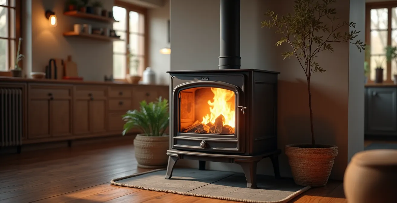 Vue réaliste d'une cuisinière à bois élégante dans une cuisine chaleureuse avec lumière naturelle cinématographique, textures fines et fond épuré