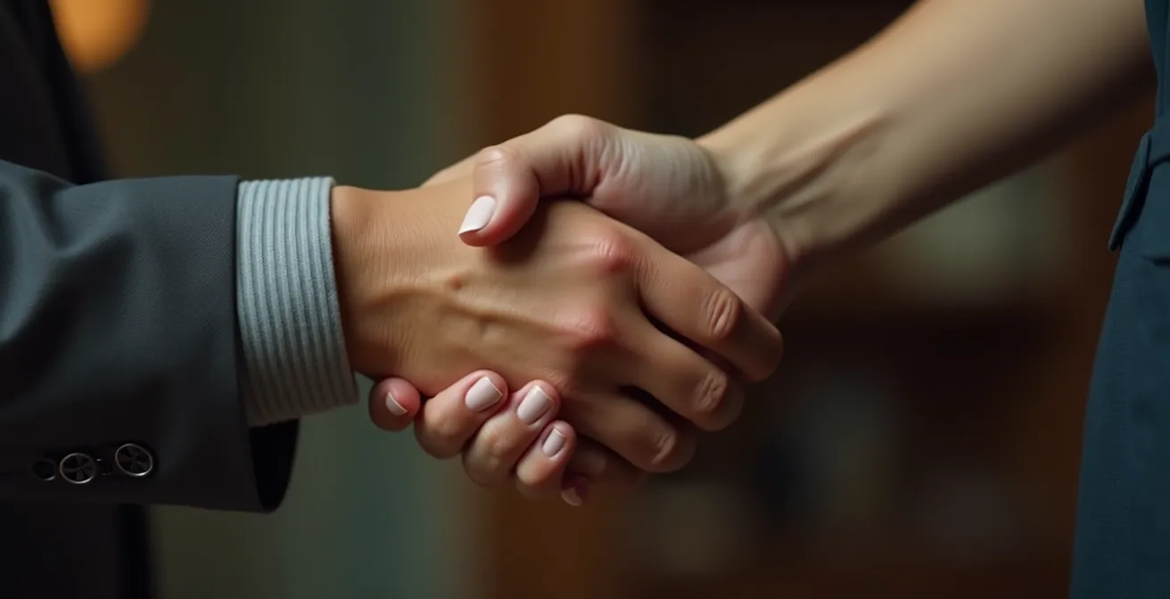 Poignée de main symbolisant un contrat de confiance entre client et fabricant, éclairage doux cinématographique