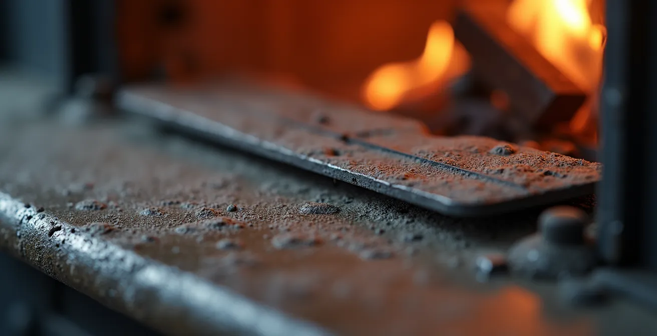 Gros plan macro sur matériau montrant textures fines et qualité de finition pour cuisinière à bois