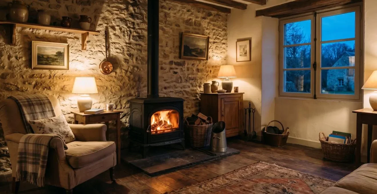 Salon cosy d'une maison individuelle avec un poêle à bois en fonte allumé, flammes visibles, ambiance chaleureuse en soirée d'hiver