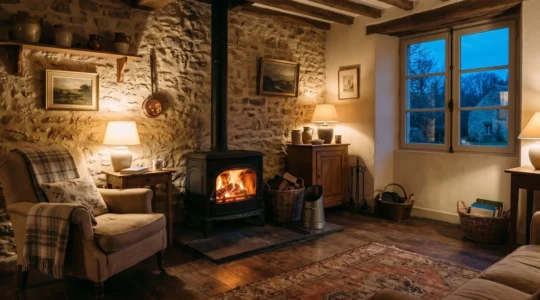 Salon cosy d'une maison individuelle avec un poêle à bois en fonte allumé, flammes visibles, ambiance chaleureuse en soirée d'hiver