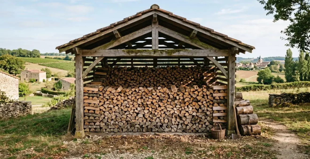 Rangées de bûches de bois bien séchées empilées dans un hangar en bois, éclairage naturel, ambiance rurale française