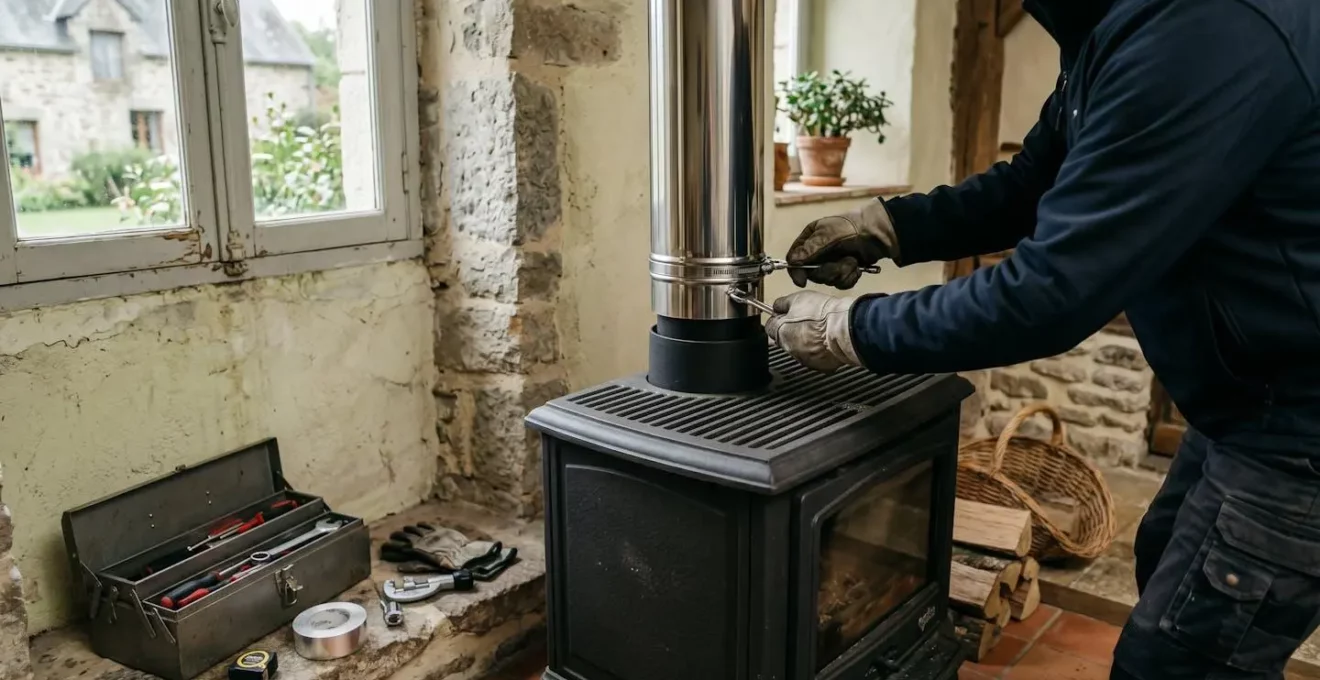 Technicien spécialisé raccordant le conduit de fumée d'un poêle à bois dans une pièce en cours d'aménagement